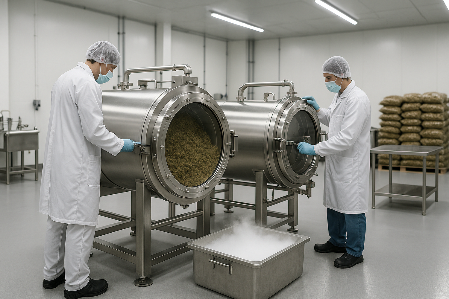 Industrielles Polinatoren-Zentrum für CBD- und CBG-Pollenproduktion, grosse Edelstahltrommeln mit transparenten Sichtfenstern, Fassungsvermögen 250 kg pro Durchgang, moderne Produktionshalle mit sauberer, heller LED-Beleuchtung, Arbeiter in hygienischer Schutzkleidung (Haube, Handschuhe, Kittel), Trockeneis-Behälter und Edelstahl-Workstations sichtbar, im Hintergrund Säcke mit getrocknetem Hanfmaterial, realistische Detaildarstellung, hochauflösend, fotorealistisch, 8K Industrielles Polinatoren-Zentrum für CBD- und CBG-Pollenproduktion, grosse Edelstahltrommeln mit transparenten Sichtfenstern, Fassungsvermögen 250 kg pro Durchgang, moderne Produktionshalle mit sauberer, heller LED-Beleuchtung, Arbeiter in hygienischer Schutzkleidung (Haube, Handschuhe, Kittel), Trockeneis-Behälter und Edelstahl-Workstations sichtbar, im Hintergrund Säcke mit getrocknetem Hanfmaterial, realistische Detaildarstellung, hochauflösend, fotorealistisch, 8K